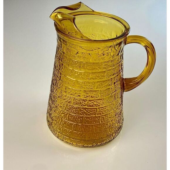 Vintage Amber Indiana Glass Brick Pattern Glass Water Pitcher W/Ice Lip CT0874 - Picture 2 of 7